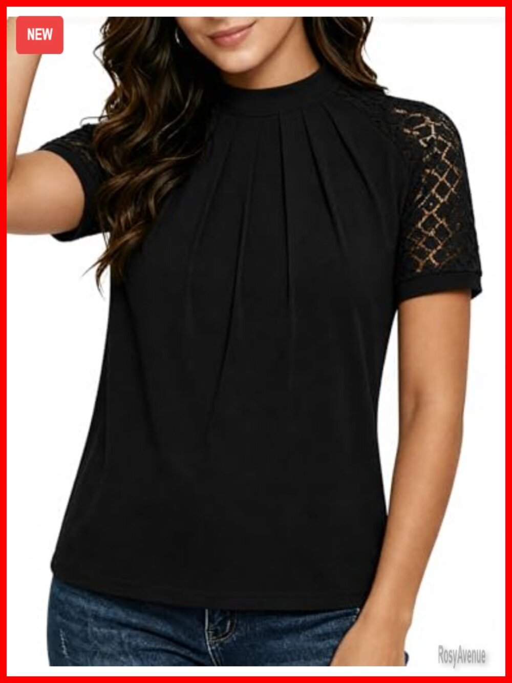 Women's Lace Short Sleeve Blouse Pleated Crew Neck Business Casual Top